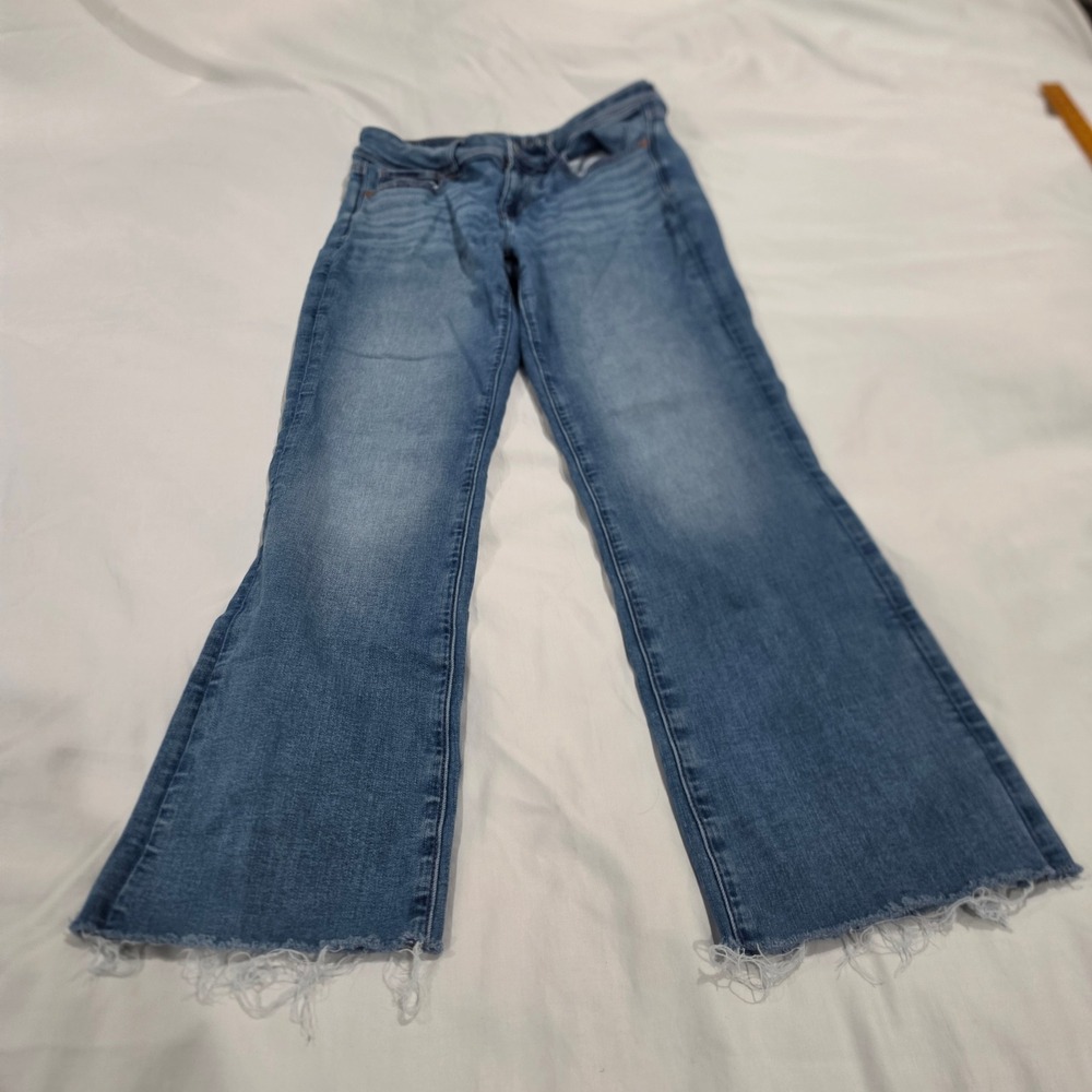 American Eagle Flare Jeans Womens 6 Long Blue Excellent Raw Hem High Rise
